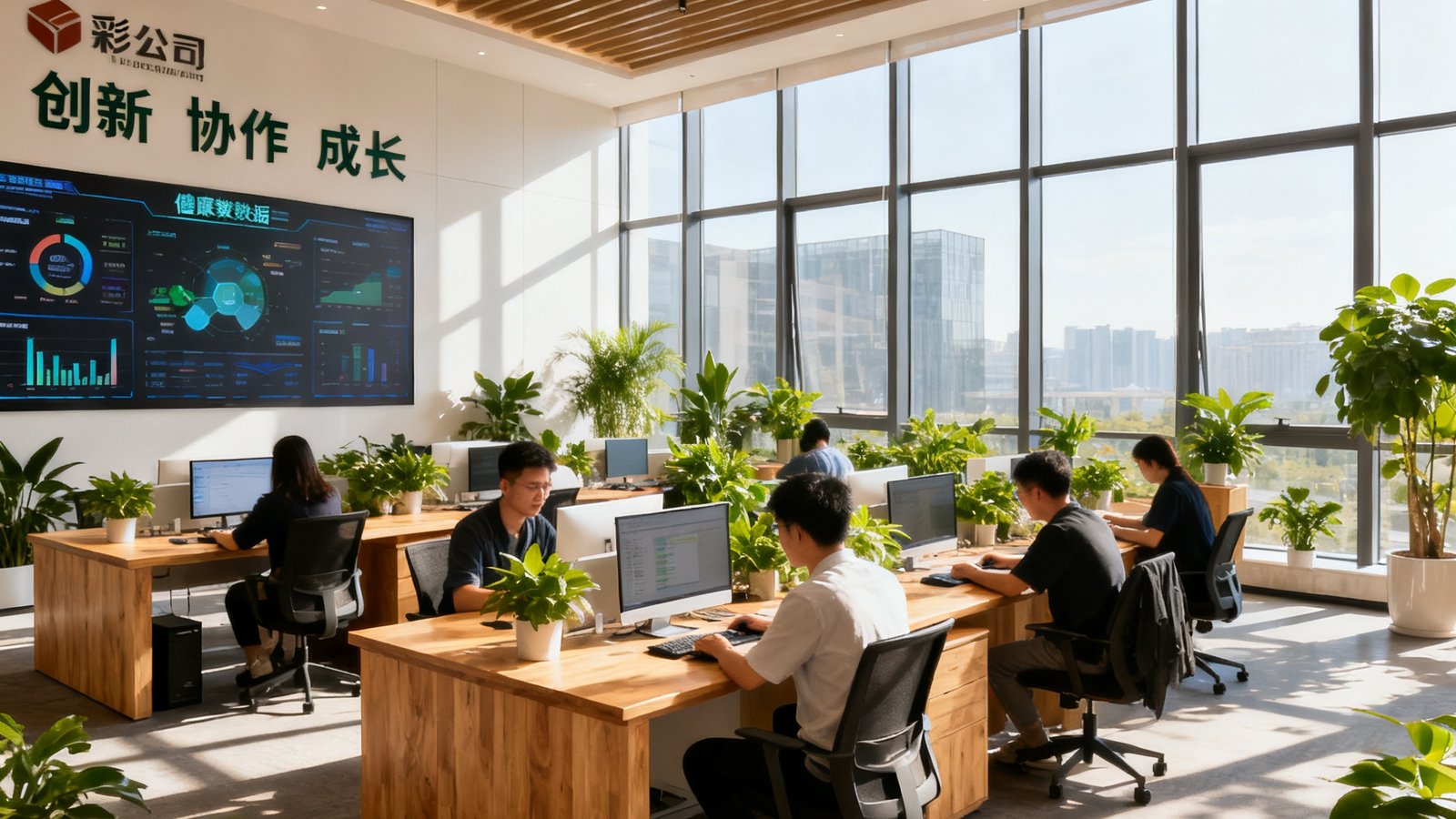 彩神公司总部开放式办公区，阳光透过落地窗洒在原木色办公桌上，员工们在绿植环绕的环境中专注工作，墙上展示着健康数据大屏和企业文化标语