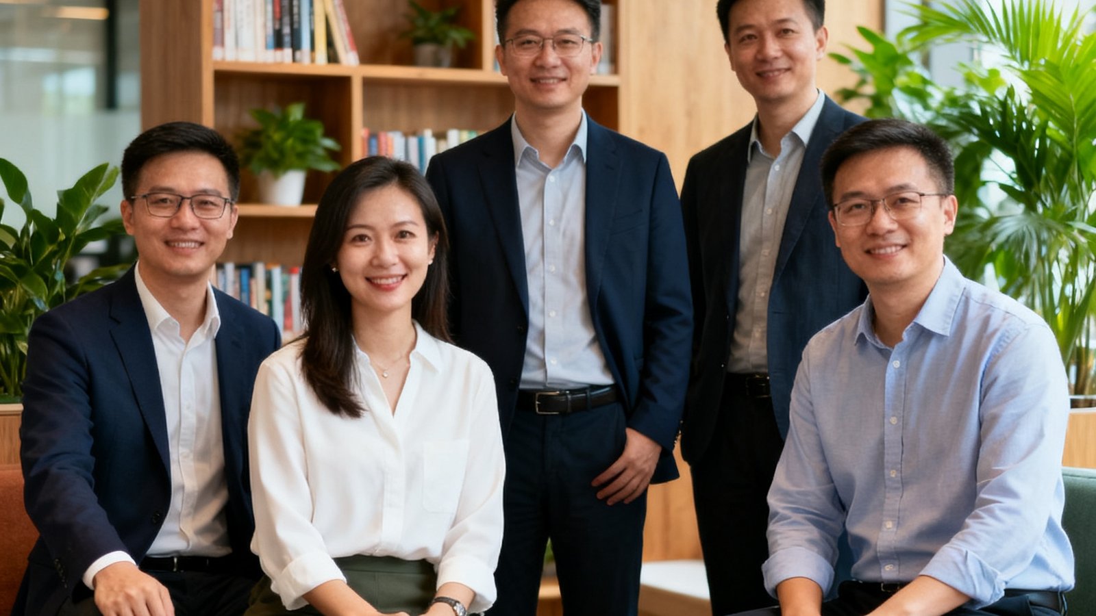 彩神公司核心管理团队成员在办公室休息区合影，背景是书架和绿植，5人穿着商务休闲装，姿态自然亲切，展现专业团队凝聚力